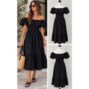 Dizzy Lizzy Midi Dress Womens M Black Puff Sleeve Smocked Ruffle Cotton Dress